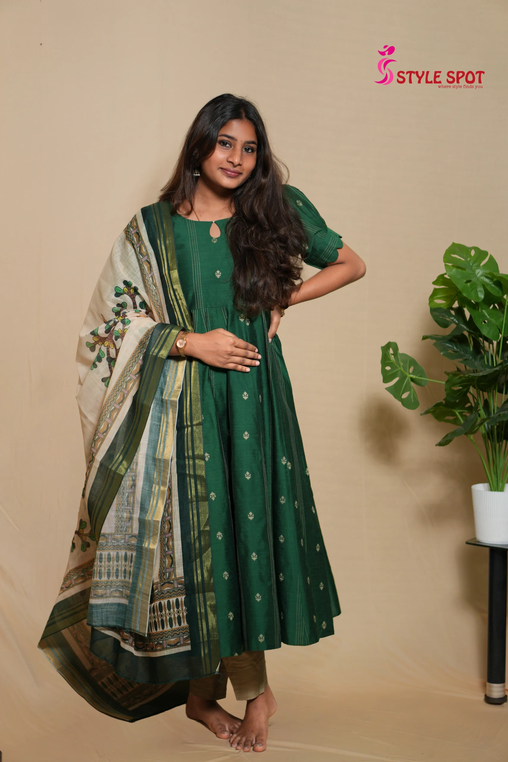 Green Printed Panel Kurti Set
