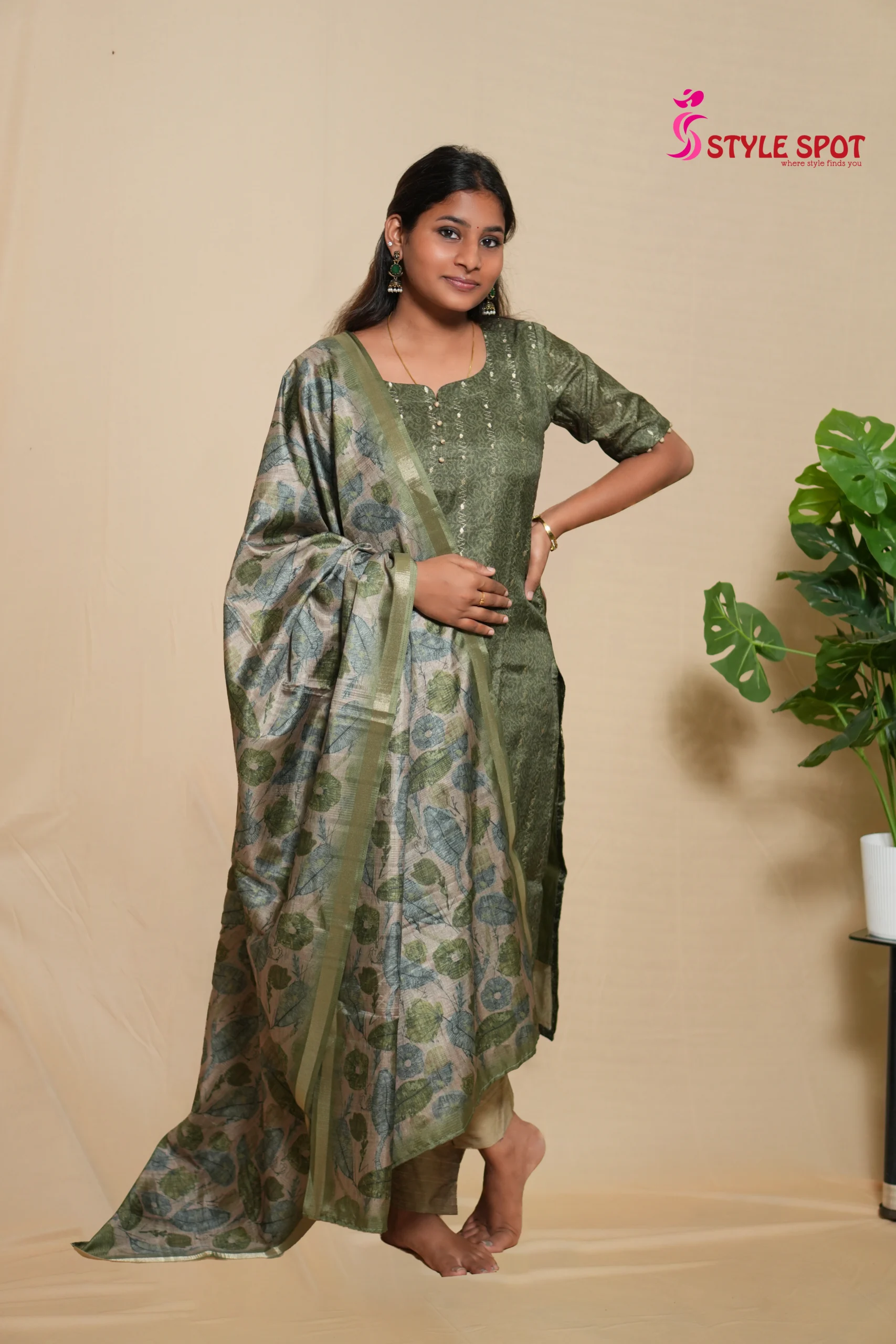 Sage Green Printed Straight Kurti Set
