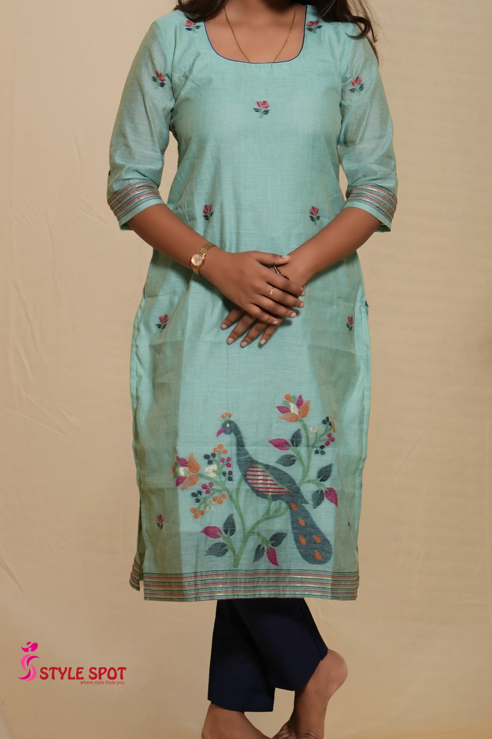 Sky Blue Printed Panel Kurti Set - Image 3