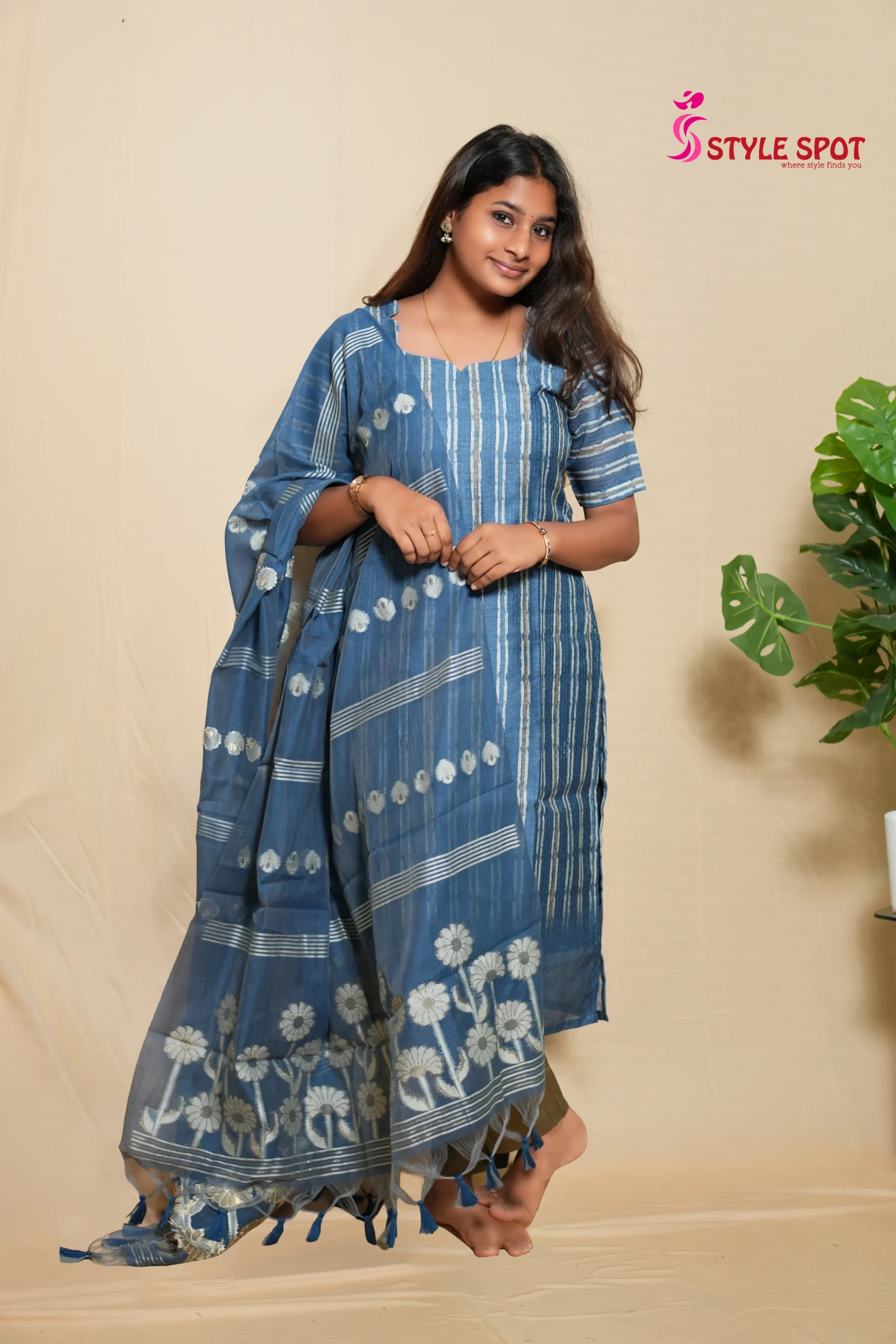 Blue Printed Panel Kurti Set