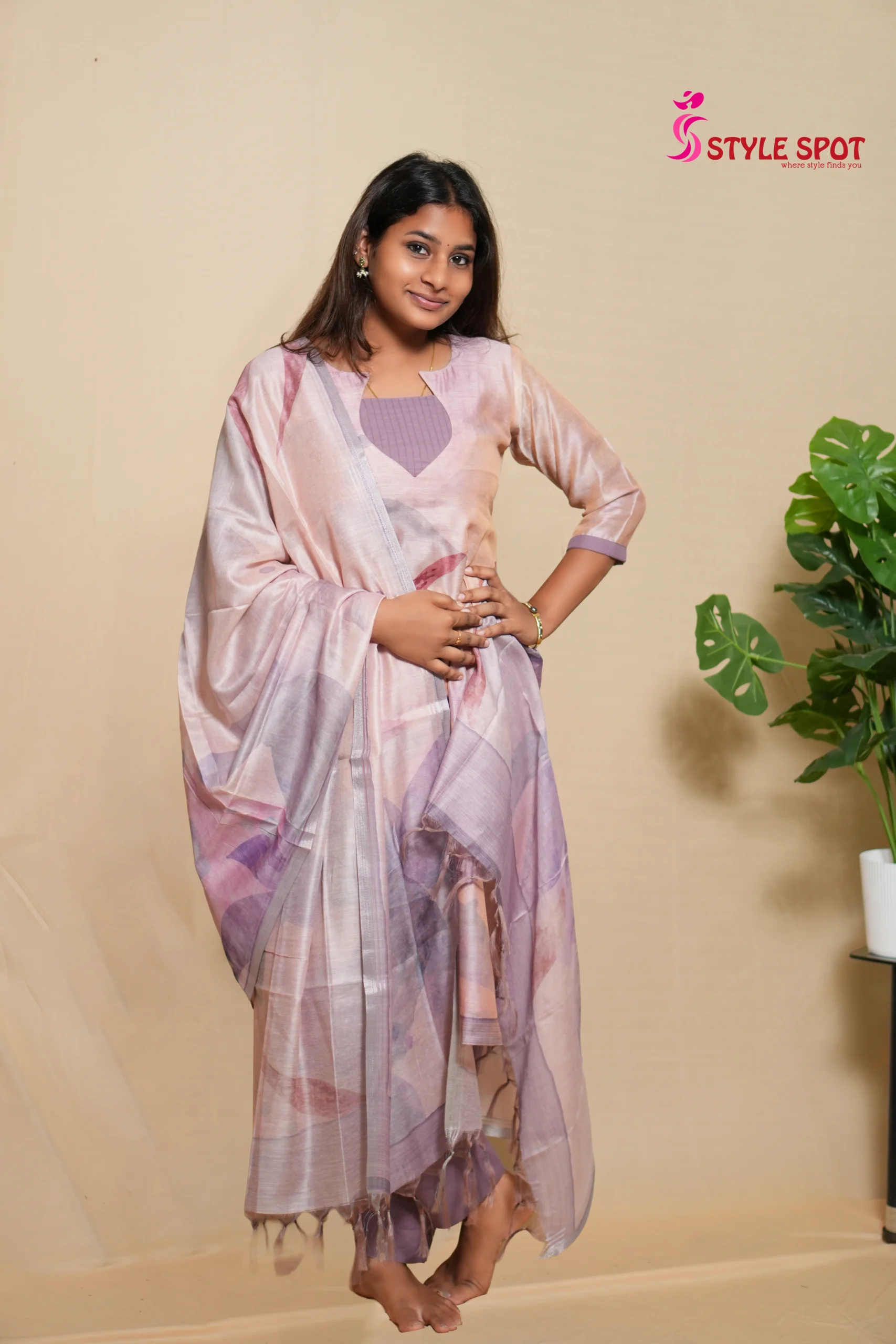 Lavender Printed Panel Kurti Set