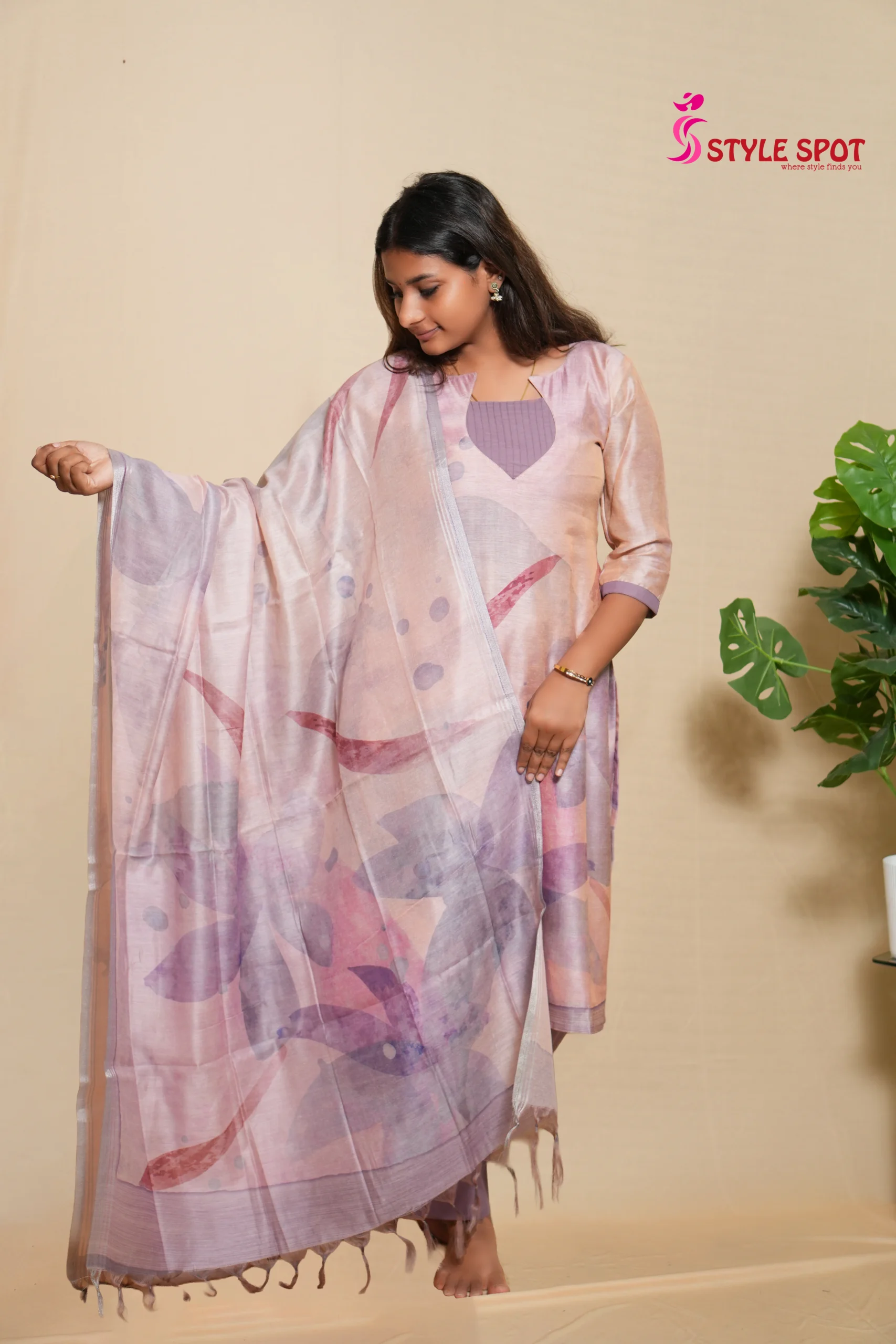 Lavender Printed Panel Kurti Set - Image 2