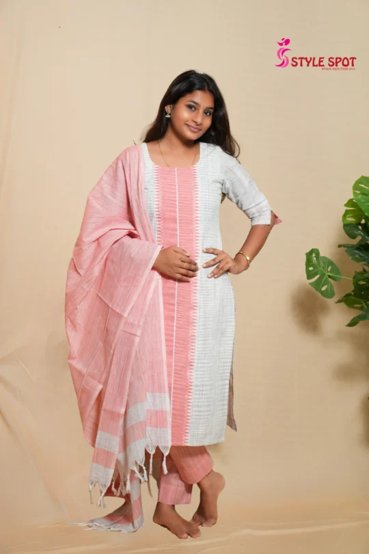 Peach Printed Panel Kurti Set