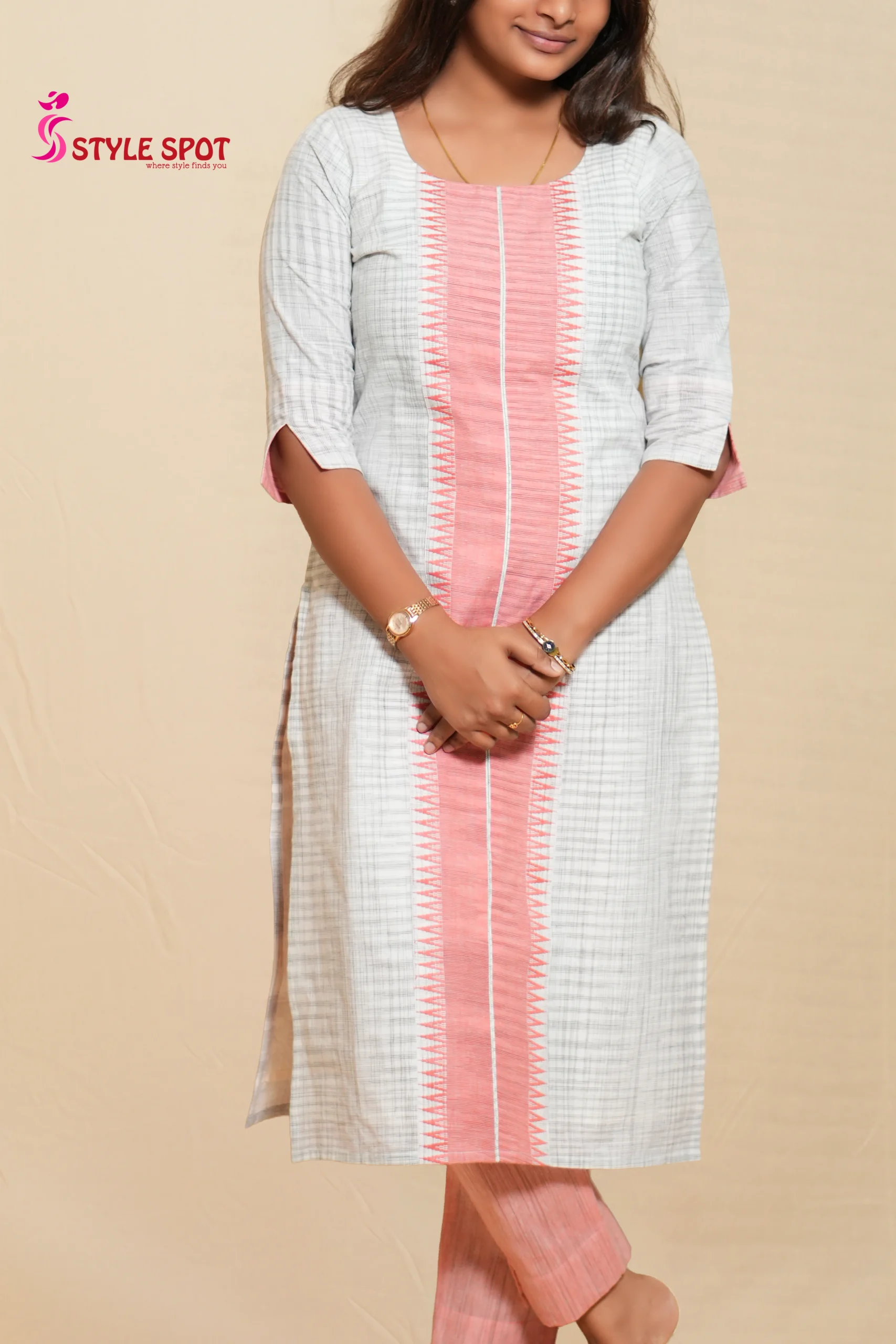 Peach Printed Panel Kurti Set - Image 3